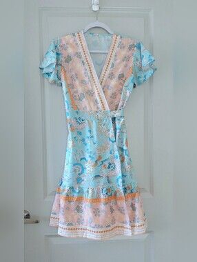 Floral Wrap Midi Dress in Pastel Blue and Pink